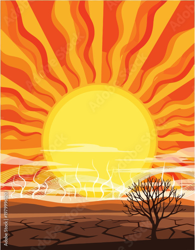 Arid Landscape with Scorching Sun and Cracked Earth Depicting Climate Change.