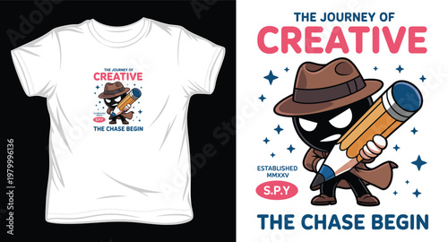 Spy character holding giant pencil, 'the journey of creative' and 'the chase begin'.