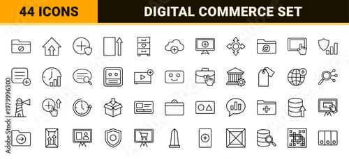 Thin line e-business and financial growth icon set with web commerce and data analysis symbols.