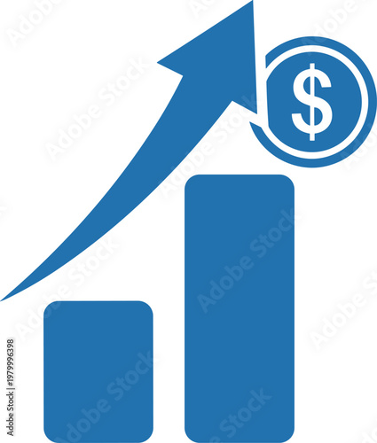 Blue graphic icon of business growth bar chart with upward arrow and dollar sign, symbolizing financial progress.