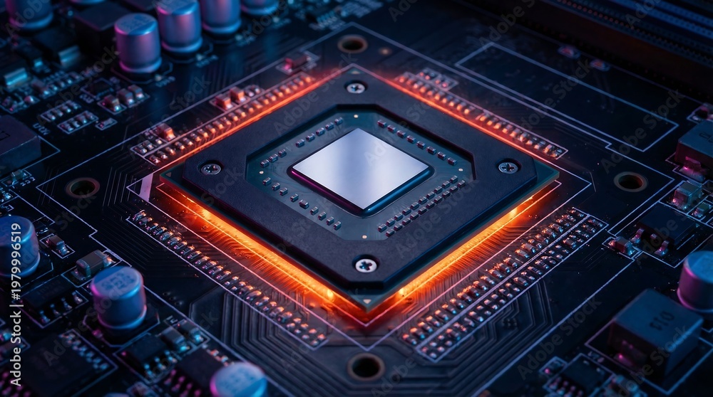 Fototapeta premium A vibrant top down view of a computer processor with glowing orange accents showcasing advanced technology and intricate circuitry