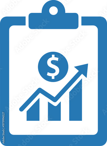 Clipboard with financial graph and dollar coin, representing business growth and investment success.