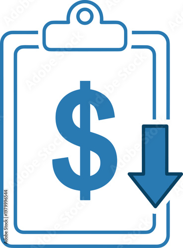 Clipboard with dollar sign and downward arrow, symbolizing financial loss, decrease in value, or economic downturn.