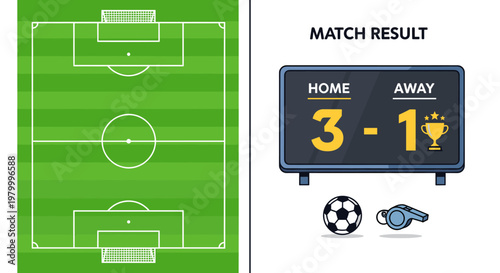 A soccer field diagram alongside a scoreboard displaying a 3-1 match result, with a soccer ball and whistle.