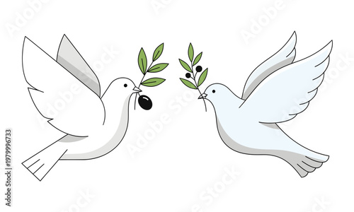 Two elegant doves each holding an olive branch. Embodying purity, and harmony. International Peace Day