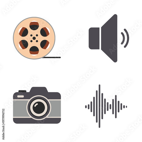 Collection of multimedia elements film reel, speaker, camera, and soundwave, represent diverse aspects of communication. Audiovisual Heritage Day