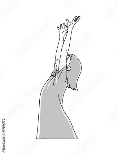 Girl with arms outstretched line art, seeks the sublime with graceful upward movement.