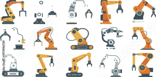 Factory robot arms and cranes set for manufacturing industry, flat automation machinery and mechanical control equipment vector collection