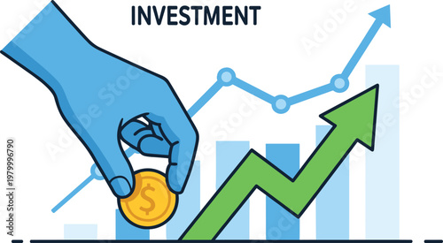 Hand placing coin on graph with upward arrow, representing investment growth.