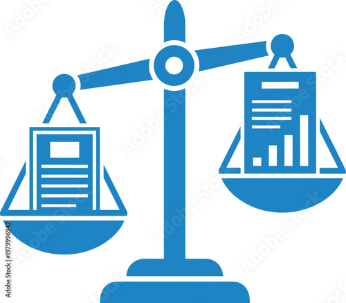 Scales of justice balancing financial documents, legal and economic balance, fair trade and investment comparison.