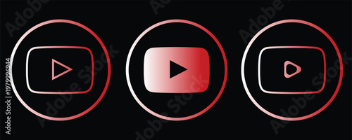 Set of Red Gradient Video Play Button Icons for Media Streaming Online Entertainment Social Content Marketing and Digital Interface Design Isolated on Black Background.