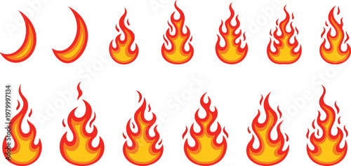 Fire flame vector set with burning flames icons in different shapes heat energy and danger illustration collection