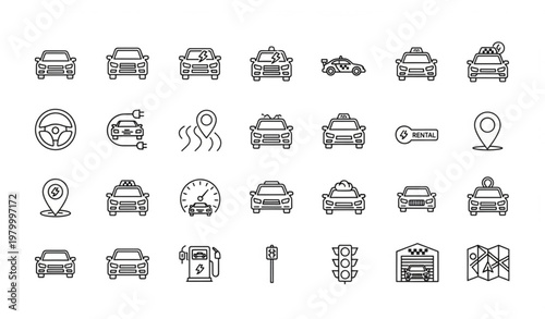 Car line icon collection with vehicle electric taxi race and transportation UI outline vector set
