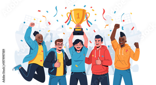 A diverse group of young adults joyfully celebrates winning a championship, holding a golden trophy aloft amidst a shower of confetti and cheering spectators.