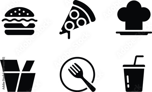 Collection of black icons featuring various delicious meals and kitchen utensils for restaurant and delivery services
