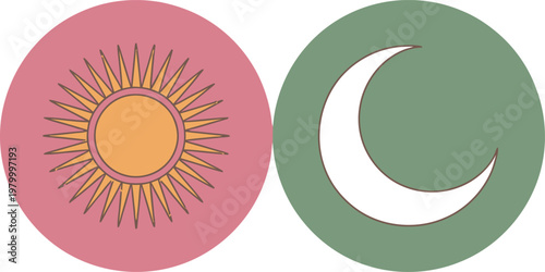 Radiant sun and crescent moon icons displayed in pastel circles for celestial and mystical themed projects