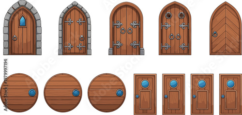 Fantasy wooden door vector set with medieval castle doors, arched entries, round hobbit doors, cartoon game asset collection