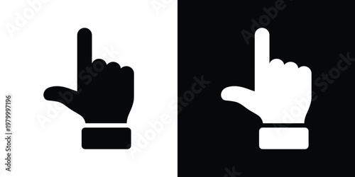 Minimalist black line art of index finger pointing up beside black square frame containing white inverted version. Clean vector duo for UI direction, selection, navigation icons in apps, websites. Sca