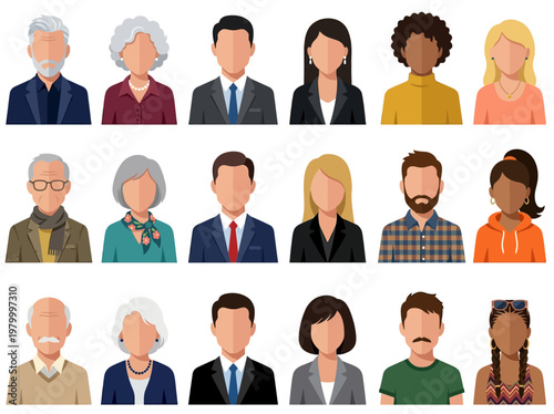 Diverse People Avatar Vector Collection - Flat Illustration of Multi-Ethnic Men and Women Faces, Icons for Web Profile, Social Media, and Professional Business Network