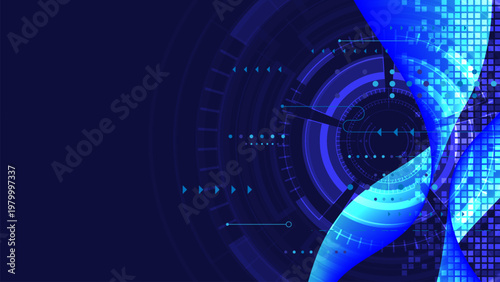 Digital technology background. Futuristic computer network glitch. Geometric shape blue elements. Abstract pixel and HUD design