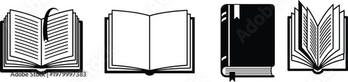 Black and White Vector Illustration of Different Book Designs for Education and Literature Projects