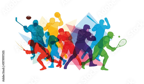 Abstract colorful athletes silhouettes multi sport background vector football basketball tennis boxing design