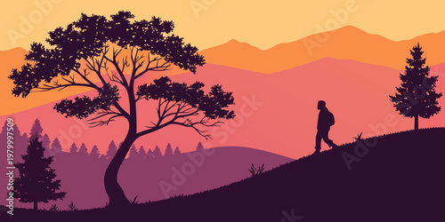 Hiker with backpack walking up a grassy hill towards mountains during golden sunset mountains backpack landscape silhouette adventure outdoors trekking wilderness explorer vacation