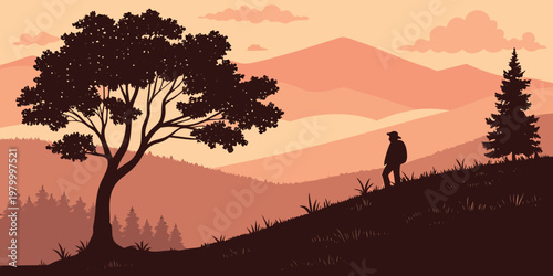Adventurer silhouette standing near a large tree looking at distant hazy mountain landscape at dawn with mountain landscape silhouette adventure outdoors wilderness trekking explorer