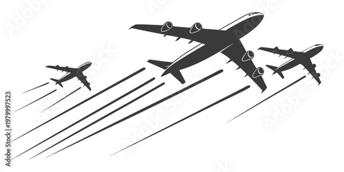 Three commercial airplanes in flight formation leaving vapor trails in the sky with airplane aviation transportation aircraft contrails traveling aeroplane commercial passenger airliner