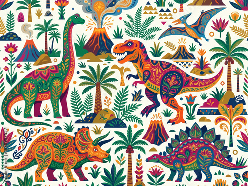 Colorful Folk Art Dinosaur Seamless Pattern with T-Rex and Volcanoes - Vibrant Prehistoric Nature Textile Background