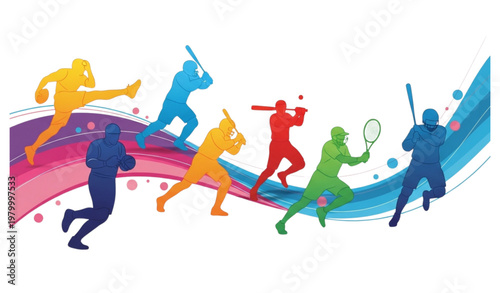 Colorful sports background with athlete silhouettes football basketball tennis baseball hockey vector illustration