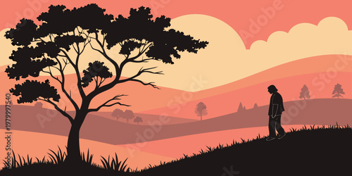 Lonely person walking on a grassy hillside under a large tree against a sunset sky with silhouette landscape outdoors environment peaceful contemplation thoughtful solitude lifestyle