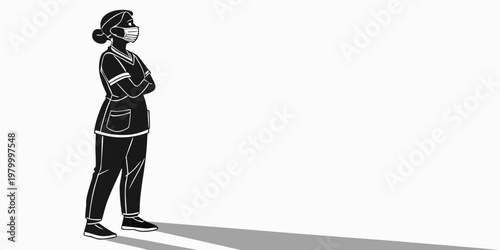 Nurse standing with arms crossed wearing face mask and scrubs healthcare surgical professional standing protection hospital medicine pandemic prevention silhouette illustration