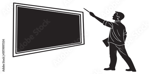 Silhouette of a man presenting in front of a large blank chalkboard with silhouette presenting chalkboard pointing education business background communication information training