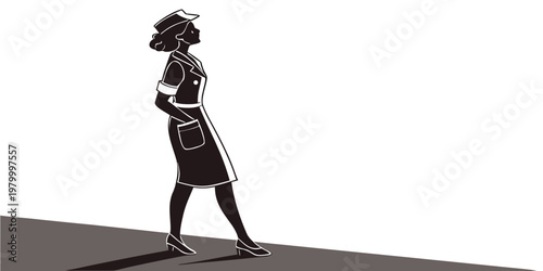 Flight attendant in uniform walking with purposeful stride stewardess attendant aviation professional transport traveling silhouette illustration minimalist isolated background