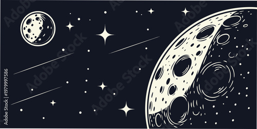Graphic illustration of the moon and stars in deep space with astronomy astrophysics celestial background universe exploration astronomical wallpaper creative mysterious infinite