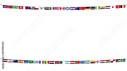 Flags of 48 countries hanging and swaying from two strings. Animation of the flags of the 48 countries selected for the FIFA World Cup 2026 flying in the wind.