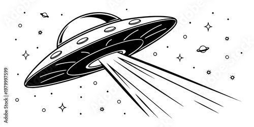 Line art drawing of a ufo spacecraft with a beam in space science fiction spacecraft spaceship astronomy universe technology exploration extraterrestrial illustration creative