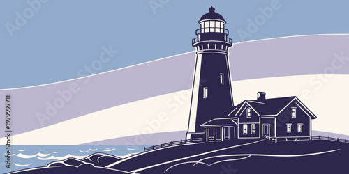Stylized graphic illustration of a coastal lighthouse and house by the sea with lighthouse architecture nautical maritime shoreline illustration landscape navigation landmark building