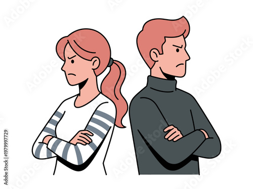 Angry Couple Standing Back to Back After an Argument - Relationship Conflict and Communication Problem Illustration