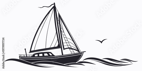 Graphic illustration of a sailboat crossing ocean waves with a flying bird silhouette in simple black outline style sea bird sailboat nautical navigation maritime transport vacation