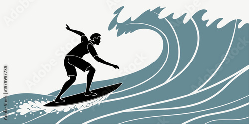 Graphic art silhouette of a man surfing on a large breaking ocean wave on a surfboard vector illustration water sport activity surfboard lifestyle recreation illustration adventure