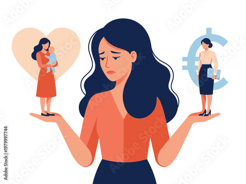 Conceptual Illustration of a Sad Woman Choosing Between Career and Family Life, Work-Life Balance Struggle, Motherhood vs Professional Success, Flat Vector Design