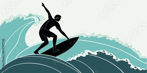 Sticker Artistic silhouette graphic of a surfer riding a powerful curling wave on a surf
