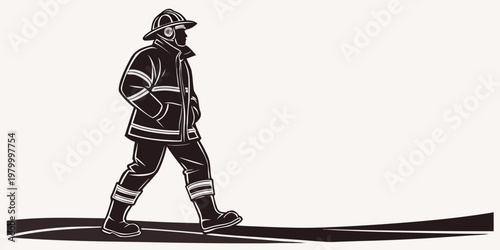 Stylized black and white illustration of a firefighter walking in full protective gear and helmet with line art firefighter emergency protection protective professional equipment clothing