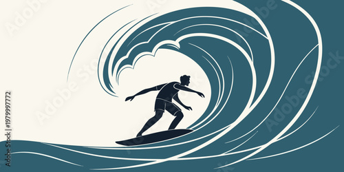 Silhouette graphic of a surfer riding a large curling ocean wave on a surfboard in a modern artistic style with water sport blue tone surfboard lifestyle recreation illustration silhouette