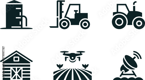 Collection of agricultural equipment and farming technology icons featuring tractors barns drones and satellite dishes