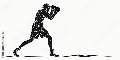 Black and white silhouette of a boxer in a defensive fighting stance with headgear and gloves sports training concept martial arts training headgear silhouette illustration competition