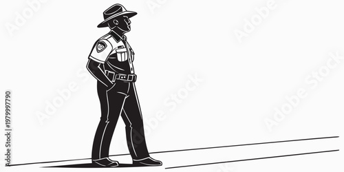 Stylized graphic illustration of a law enforcement park ranger in uniform and wide-brimmed hat with black white line art protection authoritative professional policing official community