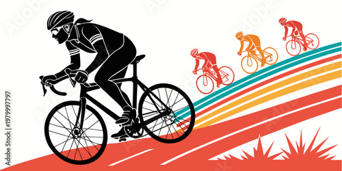 Group of cyclists racing on a multi-colored road track illustration with cyclists competition athletes colorful lifestyle exercise performance training illustration adventure movement